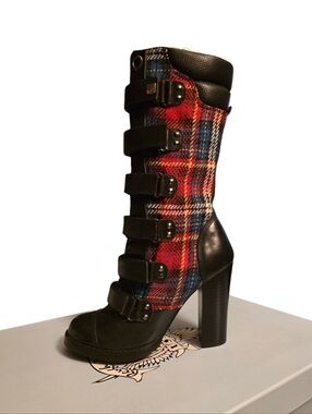 Y2K Rough Justice Plaid Strap Platform High-Heel Boot
